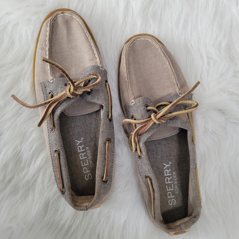 Sperry Top-Sider Boat Shoes Linen & Leather 9 EUC Beige & Blue - Picture 13 of 14